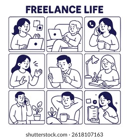 Freelance life showcases various aspects of remote work, including individuals engaged tasks like video calls, writing, and enjoying coffee breaks. This illustration captures essence