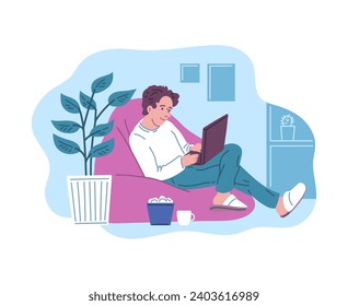 Freelance lifestyle, benefits of remote job vector isolated illustration. Freelancer man working or studying relaxed on the sofa at the laptop. Cartoon cozy comfort workplace on couch at home