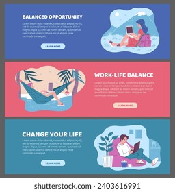 Freelance lifestyle, benefits of remote job, balanced opportunity vector flyers template. Cartoon freelancer person working relaxed on laptop under a palm tree lying in a hammock or at home