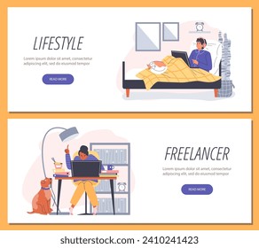 Freelance lifestyle, benefits of remote job from home with pet. Cartoon freelancer person working relaxed on laptop lying on the bed under the blanket with cat. Vector landing page template set