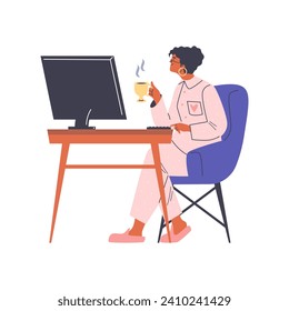 Freelance lifestyle, benefits of remote job. Freelancer woman in pajamas working or studying at the computer and and drinking a hot drink. Cartoon cozy comfort workplace at home vector illustration
