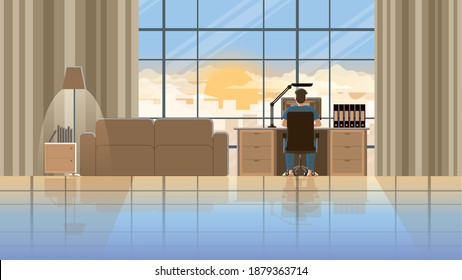 The freelance lifestyle concept of work hard over time and overwork. Working from home on desktop computer in house workplace. Alone in early morning sunrise. Professional occupation of online job.