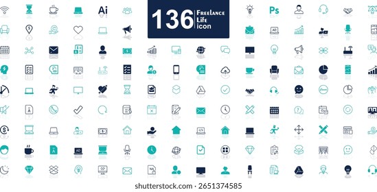 Ícone de estilo de vida freelance, como internet, celular e funções de computador, como casa, cadeado, telefone e compras.