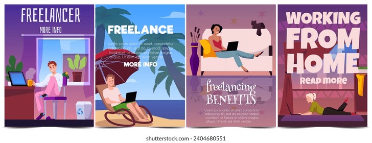 Freelance lifestyle, set of vector cards, illustrations with people. Young men and women, working on a computer or laptop outdoor on nature and at home in a comfortable environment. Flat cartoon style