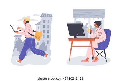 Freelance lifestyle vector illustrations set. Cartoon comfort workplace at home and work with you everywhere. Benefits of remote job. Freelancer people working at the computer and laptop