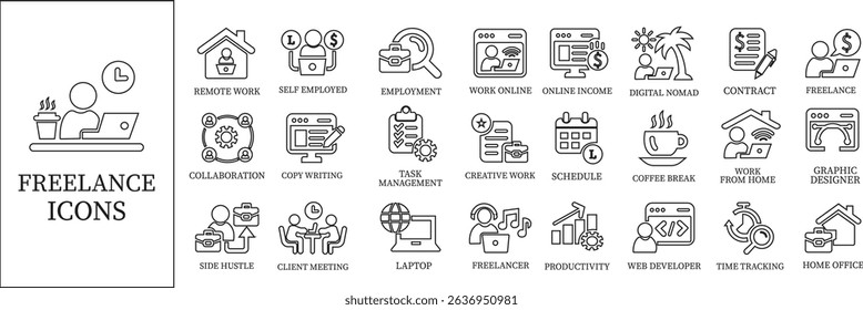 Freelance line art icon set.Productivity Icons A Clean and Stylish Collection.Containing work online, freelancer, home office, client meeting, self-employed, graphic designer and more.