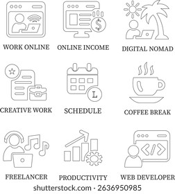 Freelance line art icon set.Productivity Icons A Clean and Stylish Collection.Containing work online, freelancer, home office, client meeting, self-employed, graphic designer and more.