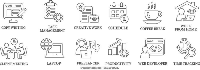 Freelance line art icon set.Productivity Icons A Clean and Stylish Collection.Containing work online, freelancer, home office, client meeting, self-employed, graphic designer and more.