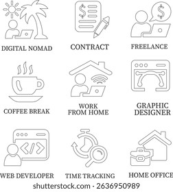Freelance line art icon set.Productivity Icons A Clean and Stylish Collection.Containing work online, freelancer, home office, client meeting, self-employed, graphic designer and more.