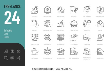 Freelance Line Editable Icons set. Vector illustration in modern thin line style of remote work related icons: home office, online job, and more. Isolated on transparent background.