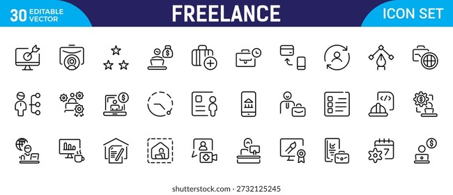 Freelance Line Icon Set – Freelancer, Work From Home and Productivity Thin Outline Icons Collection Including Graphic Designer and Work-Life Balance Symbols, Editable Stroke, Modern Vector Illustration