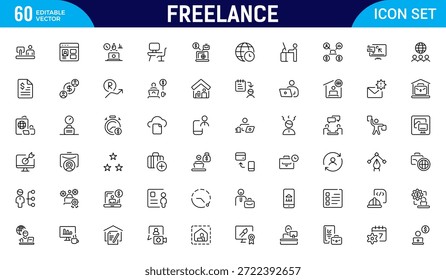 Symbole für Freiberufler. Beinhaltet Freiberufler, Heimarbeit, Produktivität, Grafikdesigner, Work-Life-Balance und mehr. Paket mit dünnen Gliederungssymbolen. Vektorgrafik