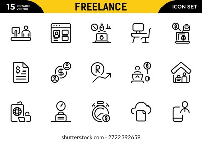 Symbole für Freiberufler. Beinhaltet Freiberufler, Heimarbeit, Produktivität, Grafikdesigner, Work-Life-Balance und mehr. Paket mit dünnen Gliederungssymbolen. Vektorgrafik