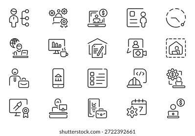 Symbole für Freiberufler. Beinhaltet Freiberufler, Heimarbeit, Produktivität, Grafikdesigner, Work-Life-Balance und mehr. Paket mit dünnen Gliederungssymbolen. Vektorgrafik