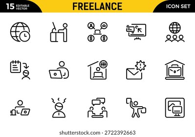 Symbole für Freiberufler. Beinhaltet Freiberufler, Heimarbeit, Produktivität, Grafikdesigner, Work-Life-Balance und mehr. Paket mit dünnen Gliederungssymbolen. Vektorgrafik