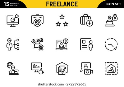 Symbole für Freiberufler. Beinhaltet Freiberufler, Heimarbeit, Produktivität, Grafikdesigner, Work-Life-Balance und mehr. Paket mit dünnen Gliederungssymbolen. Vektorgrafik