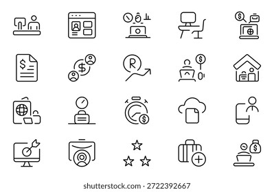 Symbole für Freiberufler. Beinhaltet Freiberufler, Heimarbeit, Produktivität, Grafikdesigner, Work-Life-Balance und mehr. Paket mit dünnen Gliederungssymbolen. Vektorgrafik