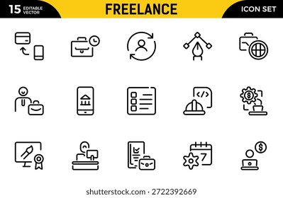 Symbole für Freiberufler. Beinhaltet Freiberufler, Heimarbeit, Produktivität, Grafikdesigner, Work-Life-Balance und mehr. Paket mit dünnen Gliederungssymbolen. Vektorgrafik