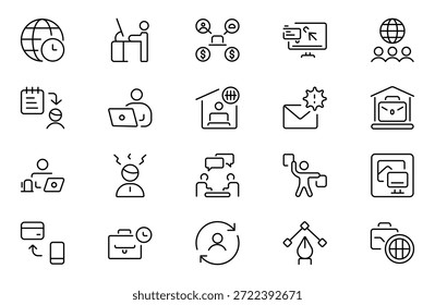 Symbole für Freiberufler. Beinhaltet Freiberufler, Heimarbeit, Produktivität, Grafikdesigner, Work-Life-Balance und mehr. Paket mit dünnen Gliederungssymbolen. Vektorgrafik