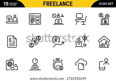 Freelance line icons set. Includes Freelancer, Work From Home, Productivity, Graphic Designer, Work-Life Balance, and More. Thin outline icons pack. Vector illustration