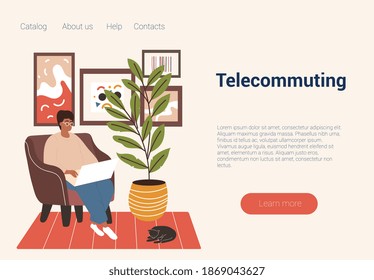 Freelance male character sitting in armchair with cat sleeping nearby and telecommuting. Concept of isolating and working from home. Website, web page, landing page template