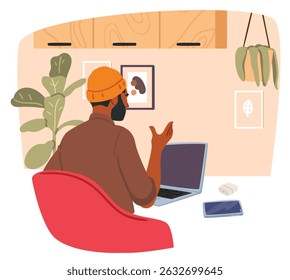 Freelance man cartoon character working online using laptop computer at cozy home office workspace scene. Remote employee egged in distance work vector illustration. Self-employed male person