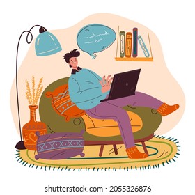 Freelance man character working home. Vector cartoon hand drawn illustration