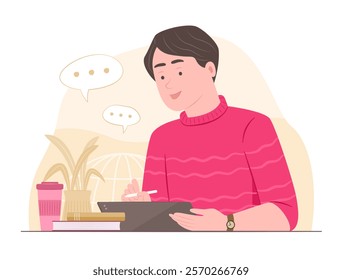 Freelance Man Doing Online Working and Chatting on Tablet for Remote Working Concept Illustration