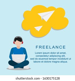 a freelance man with his laptop who works remotely vector designs for banners and templates