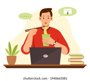 Freelance Man is Online Working from Home with Laptop and Eating Noodle.