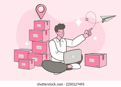 Freelance man seller check product order. Online Selling. Online Shopping. Delivery service isometric concept. businessman check order from laptop. Freelance man seller check product order. Vector.