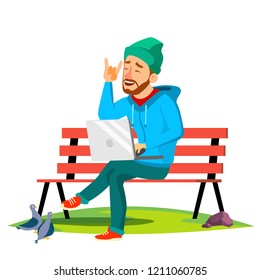Freelance, Man Sitting On Bench In The Park With Laptop Vector. Isolated Illustration
