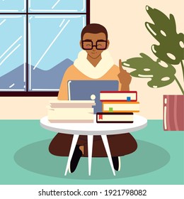 freelance man sitting on the floor and working on laptop, work at home vector illustration