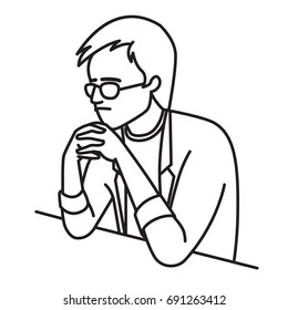 Freelance man sitting table, clenched hands on his chin with serious, worried, stressed expression. Outline, contour, line hand draw sketch design, simple style.  