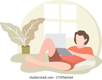 Freelance man work in comfortable conditions set vector flat illustration.
 Freelancer character working from home or beach at relaxed pace, 
convenient workplace. Man and woman self employed concept