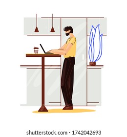 Freelance Man Work In Comfortable Cozy Home Office In Kitchen Vector Flat Illustration. Freelancer Man Character Working From Home At Relaxed Pace, Self Employed Concept