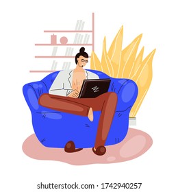 Freelance man work in comfortable cozy home office in armchair sofa vector flat illustration. Freelancer man character working from home at relaxed pace, self employed concept