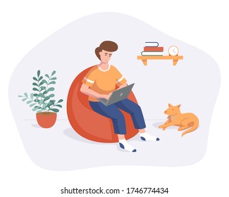 Freelance man work from home comfortable space on chair with computer flat style vector illustration isolated on white. Freelancer character self employed concept working online
