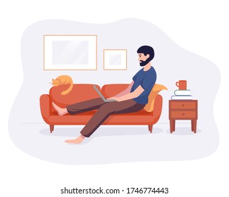 Freelance man work from home comfortable space on sofa with computer flat style vector illustration isolated on white. Freelancer character self employed concept working online