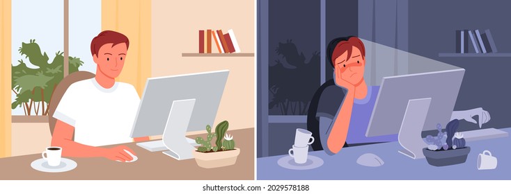 Freelance man worker at day and night set, freelancer sitting at computer, working