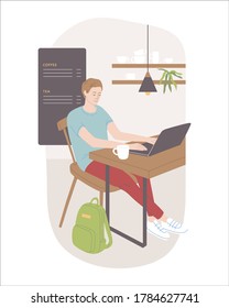 Freelance man working in coffeehouse. Flat vector illustration, isolated scene on white background.