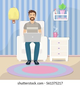 Freelance man working at the computer at home vector illustration. Freelance man sitting on the cozy armchair with laptop. Freelance job. Flat design.