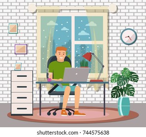 Freelance man working at the computer at home. Digital nomad. Vector illustration.