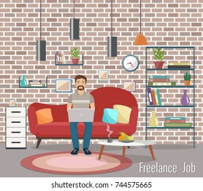 Freelance man working at the computer at home. Vector illustration.