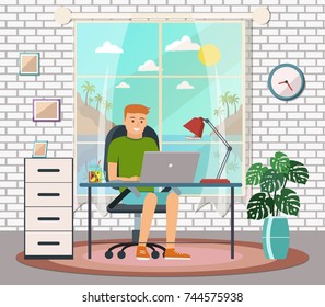 Freelance man working at the computer at home. Digital nomad. Vector illustration.