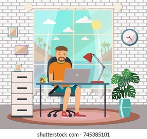 Freelance man working at the computer at home. Digital nomad. Vector illustration