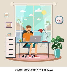 Freelance man working at the computer at home. Digital nomad. Vector illustration