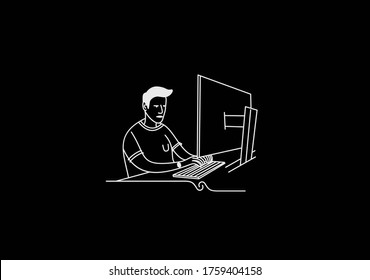 Freelance-Mann arbeitete seinen Schreibtisch mit Laptop-Computer. Vektorgrafik.