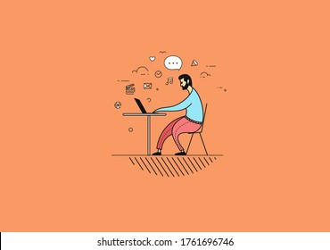Freelance man working his desk with laptop computer. Vector illustration.