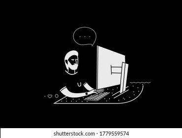 Freelance man working his desk with laptop computer. Vector illustration.